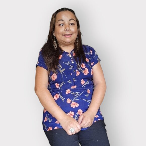 LILY MORGAN WOMENS MEDIUM DARK BLUE FLORAL T SHIRT - Picture 2 of 3